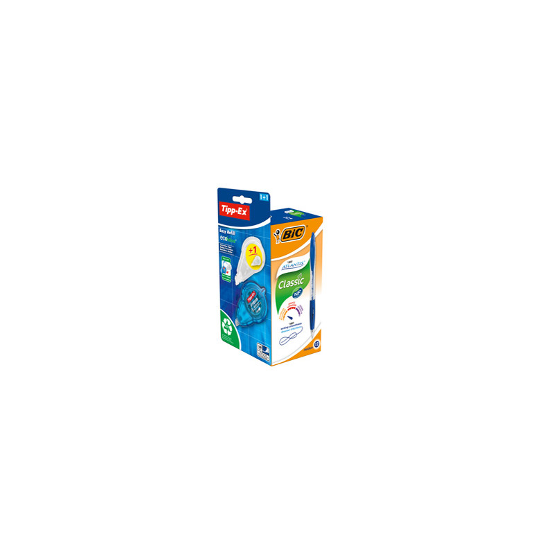 Promo box 12 penne sfereBic Atlantis Classic blu + 1 correttore Tipp-ex+refill