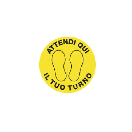 ** END ** ** END ** end* Bollo adesivo da terra in PVC Ø43,5cm "ATTENDI QUI IL TUO TURNO"