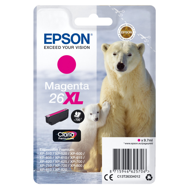 CARTUCCIA MAGENTA EPSON CLARIA PREMIUM, SERIE 26XL ORSO POLARE, IN BLISTER